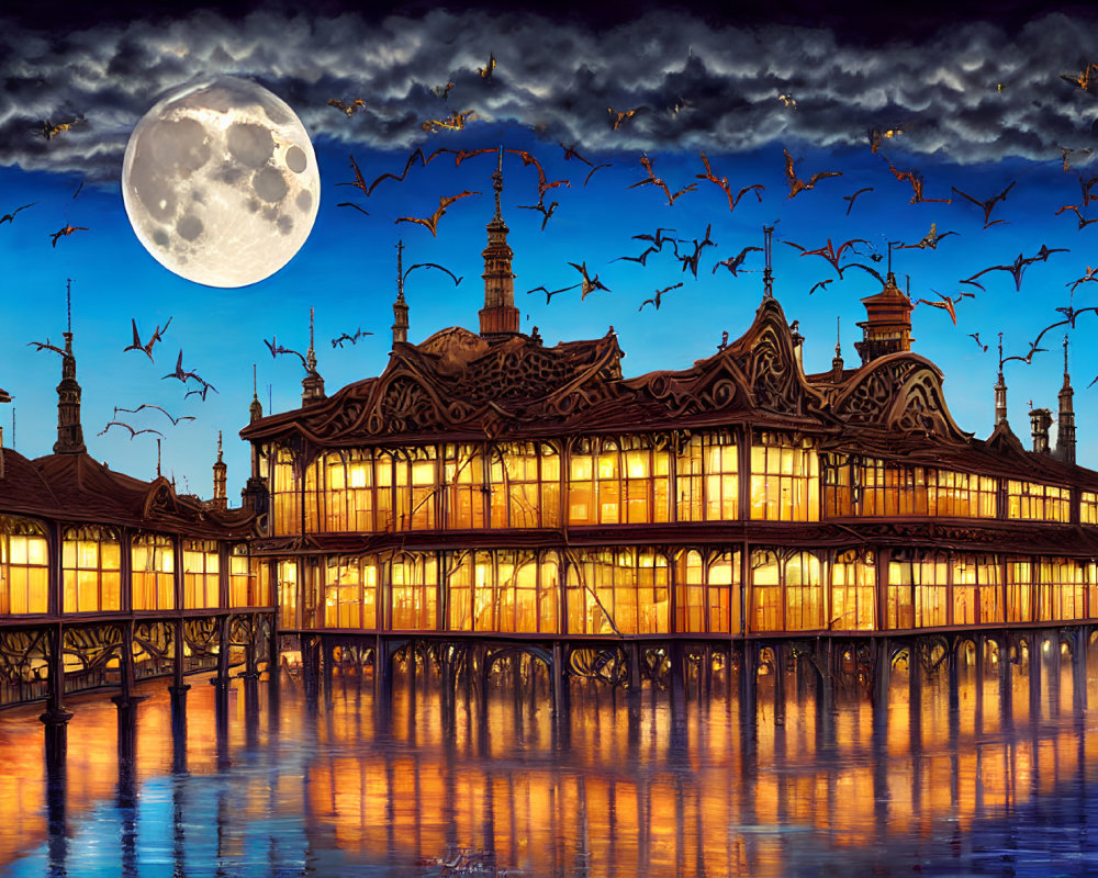 Victorian-style building with ornate details, illuminated at night under a full moon, reflected on tranquil