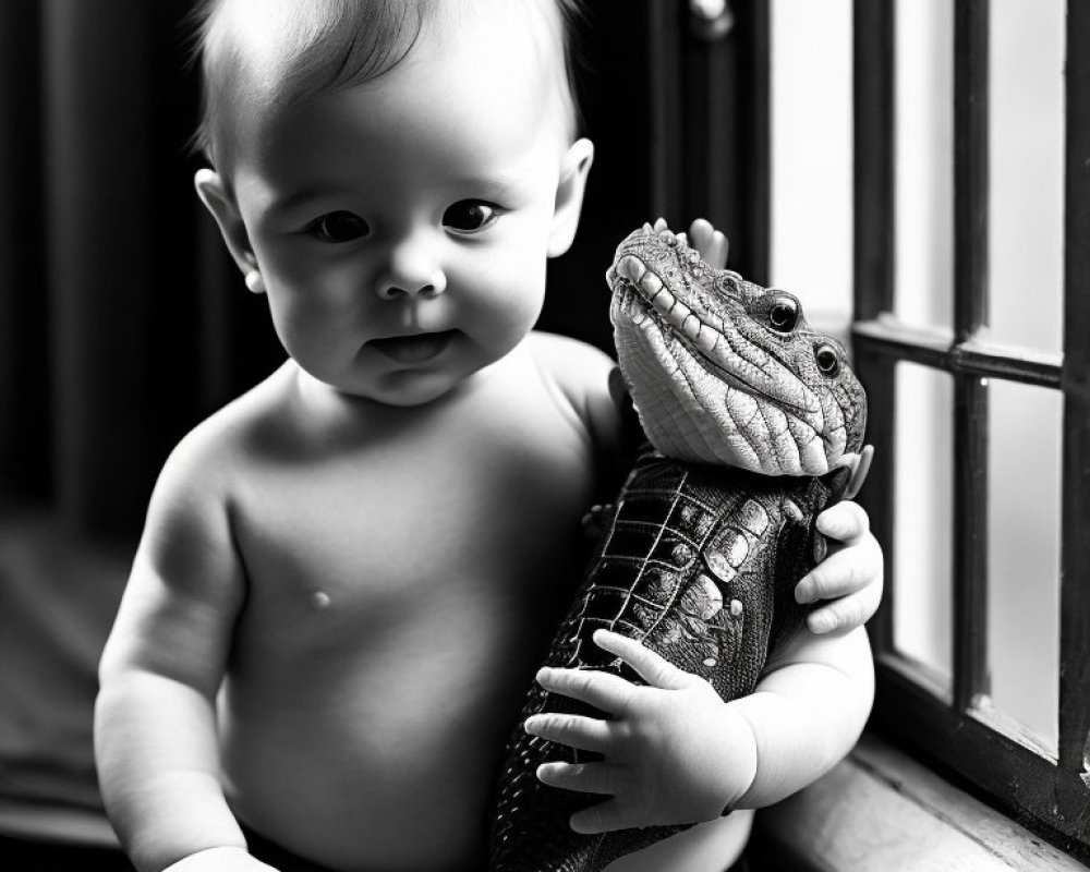 Monochrome photo of baby with toy crocodile by window