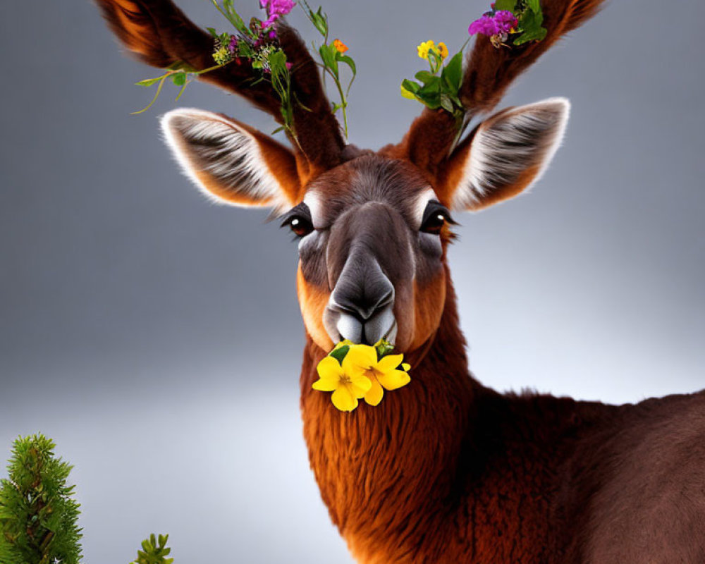 Brown llama with flower ears and yellow flower in mouth on gray background