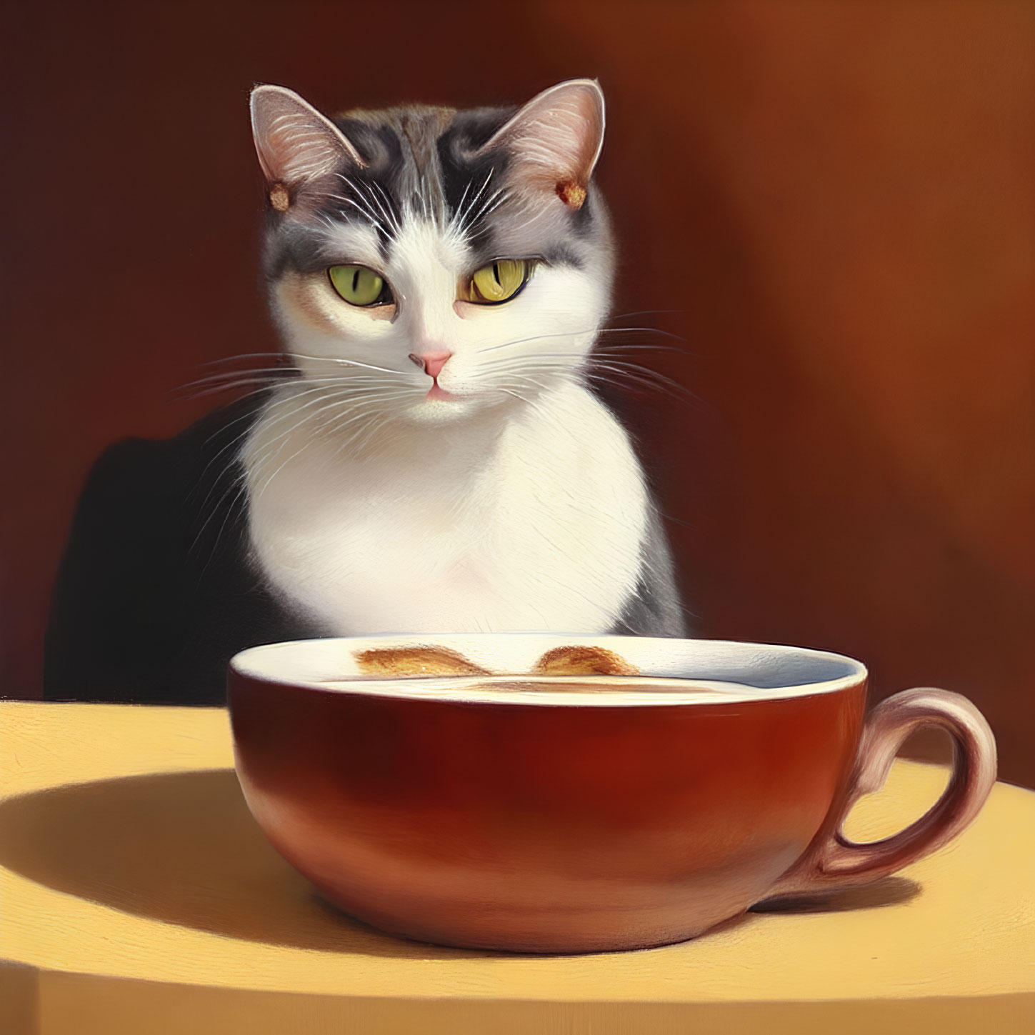 White and Grey Cat with Yellow Eyes by Red Coffee Cup and Marshmallows