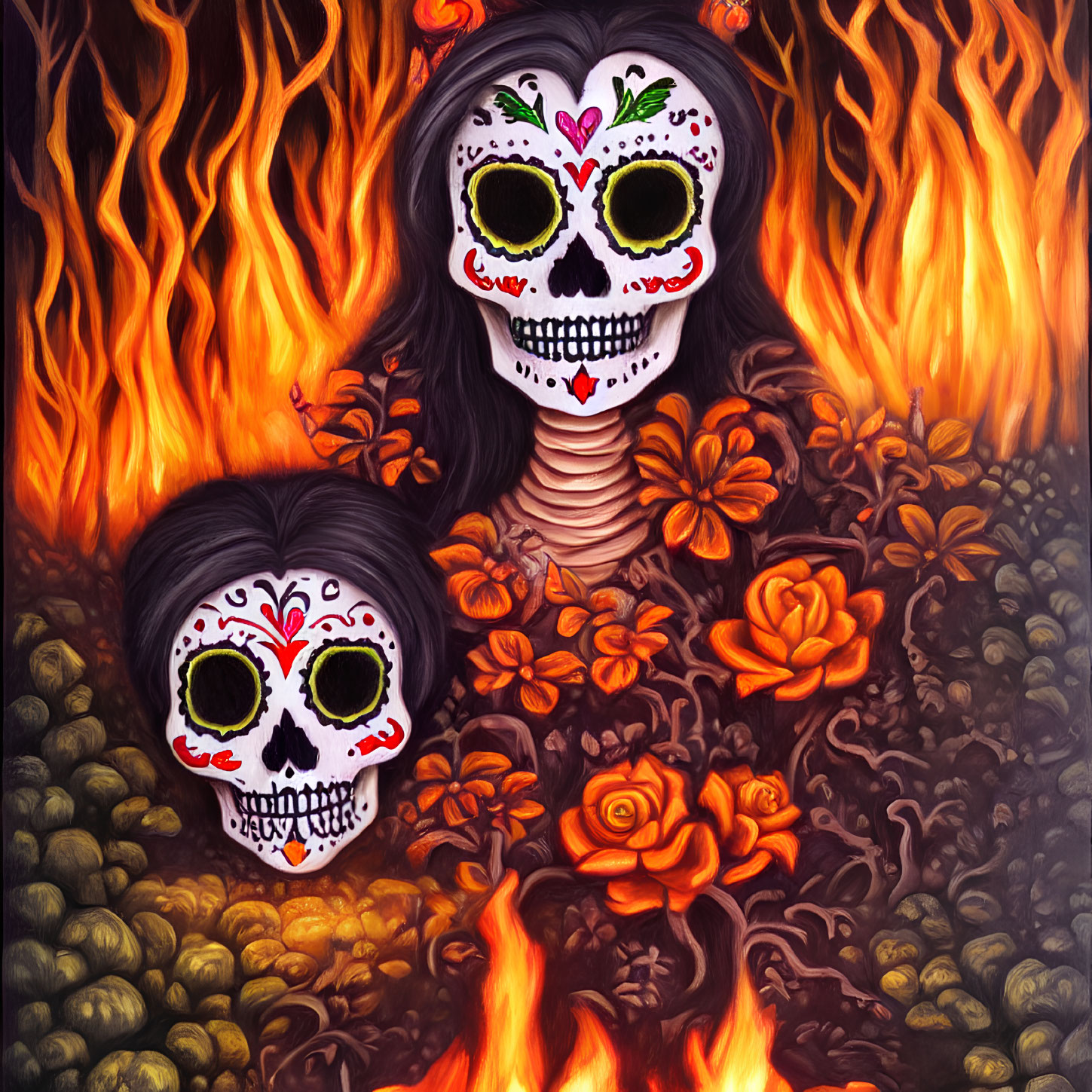 Colorful Day of the Dead skull art with flames and flowers: a vibrant and eerie image.