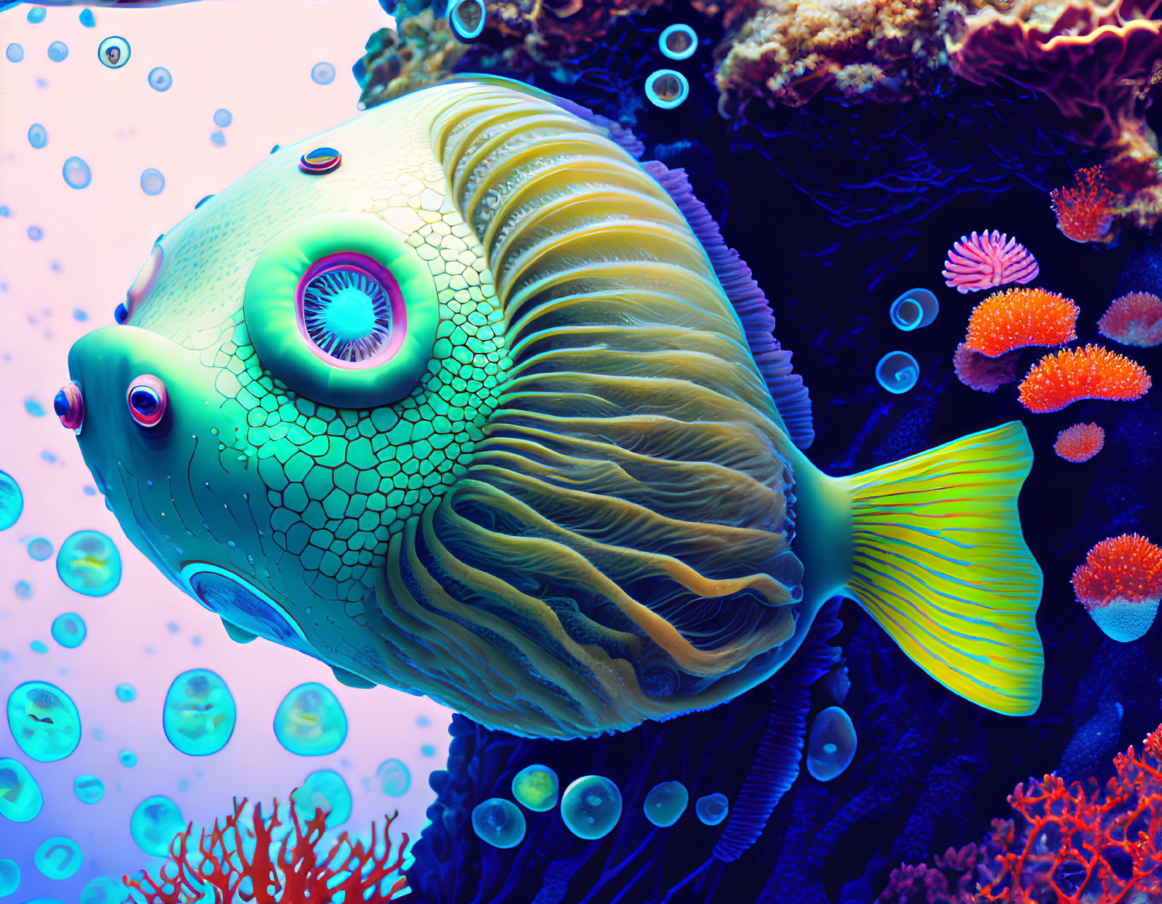 Colorful Digital Artwork: Large-Eyed Fish Among Coral and Bubbles