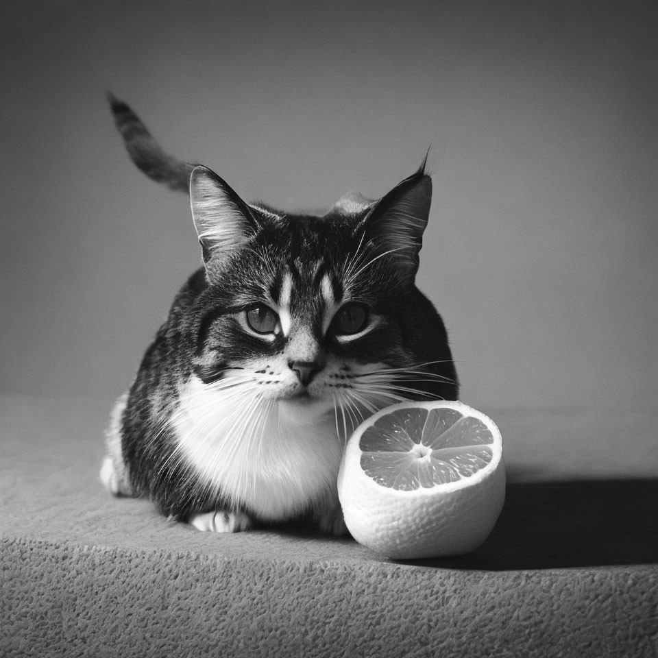 Monochrome cat with unique markings beside halved lemon on textured surface