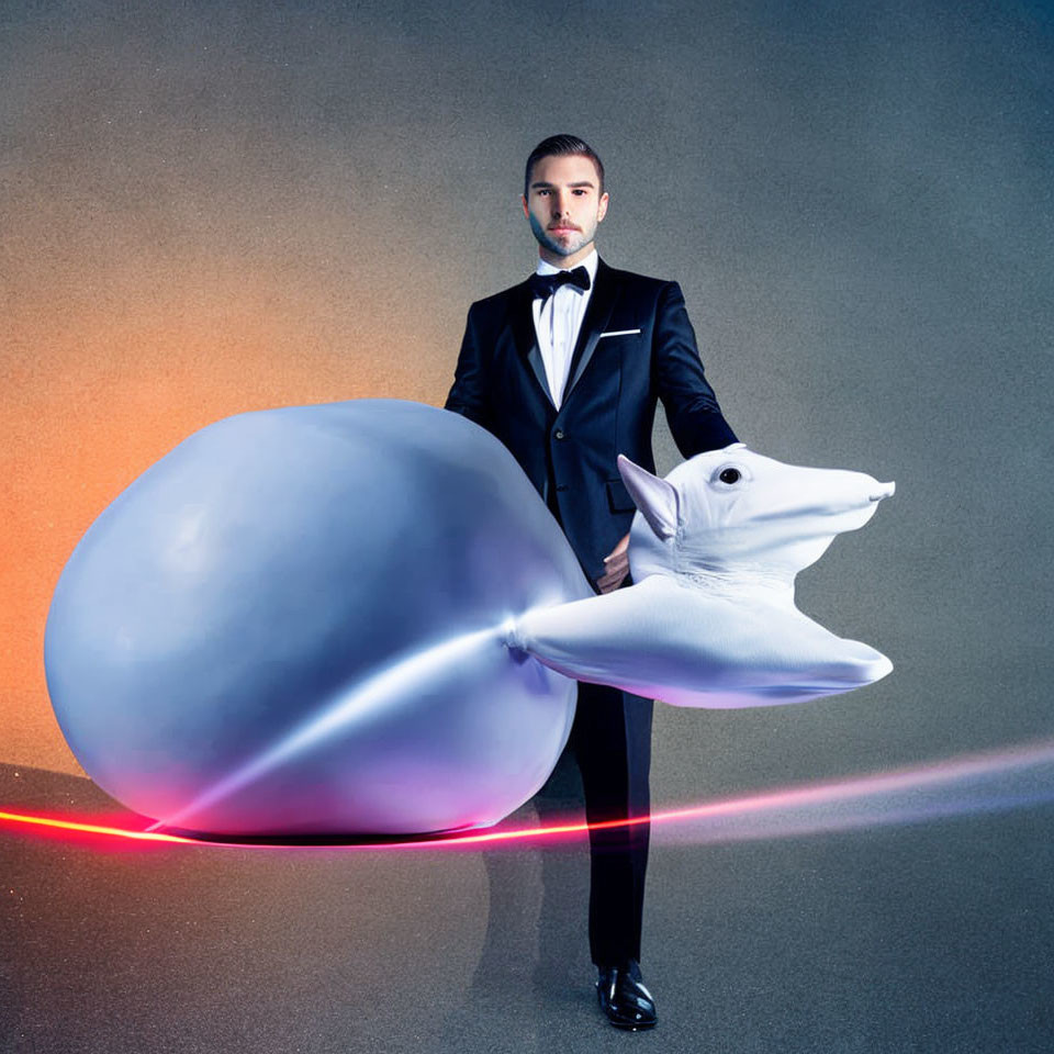 Man in tuxedo with whale-shaped balloon on gradient gray background