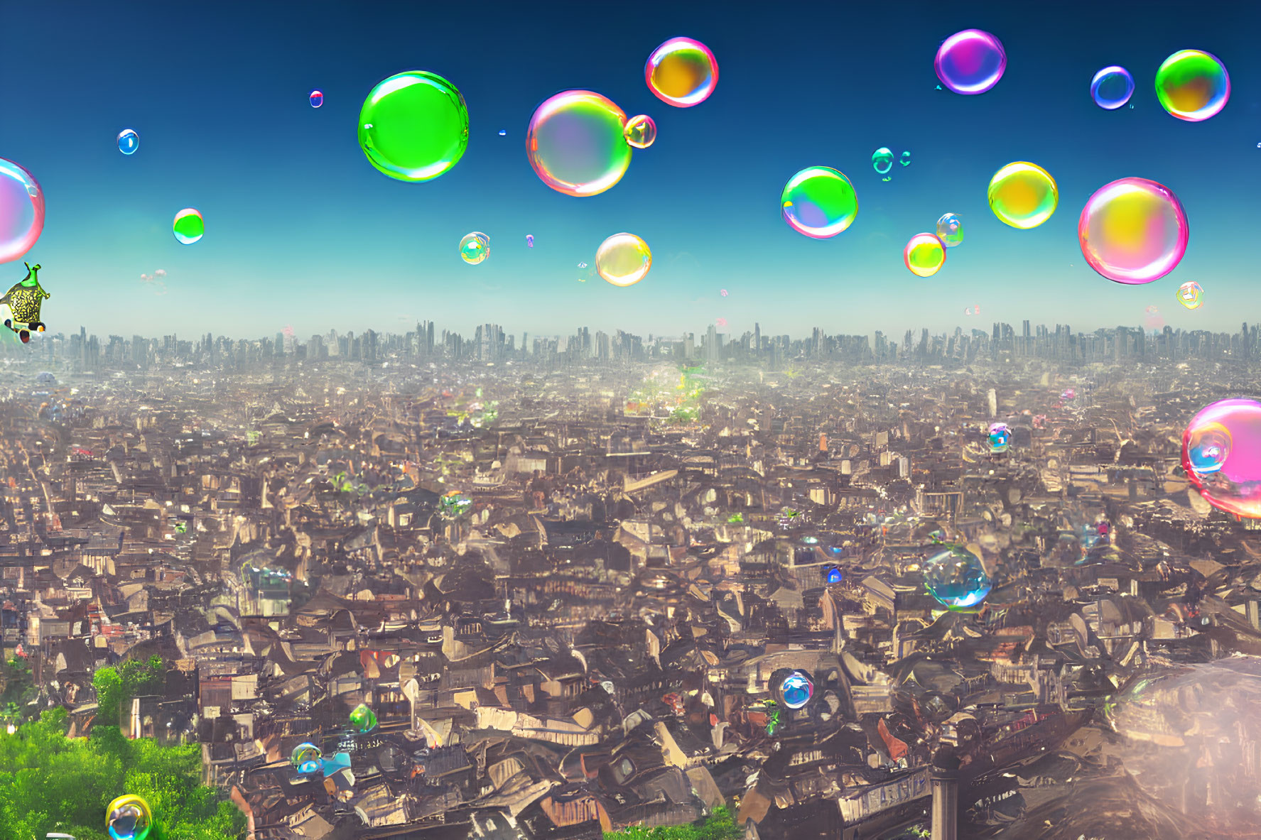 Multicolored soap bubbles in vibrant cityscape under clear blue sky