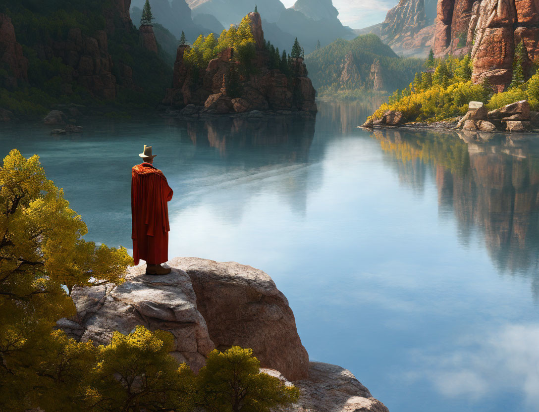 Person in Red Cloak and Hat Overlooking Tranquil River in Autumn Setting