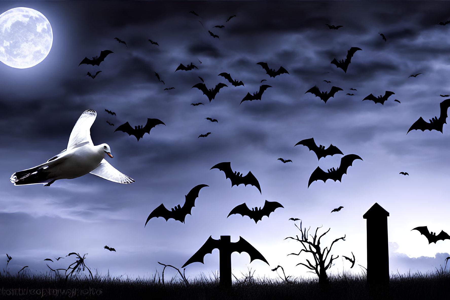 Seagull flying with bats under full moon in eerie night scene