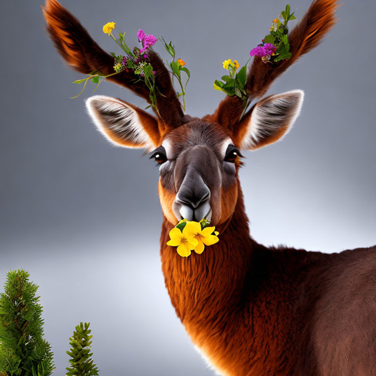 Brown llama with flower ears and yellow flower in mouth on gray background