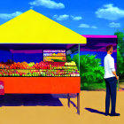 Man in white shirt at colorful fruit stand under starry sky with full moon