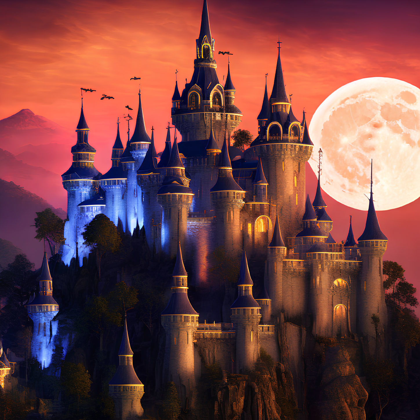 Castle with Multiple Towers and Full Moon in Twilight Sky