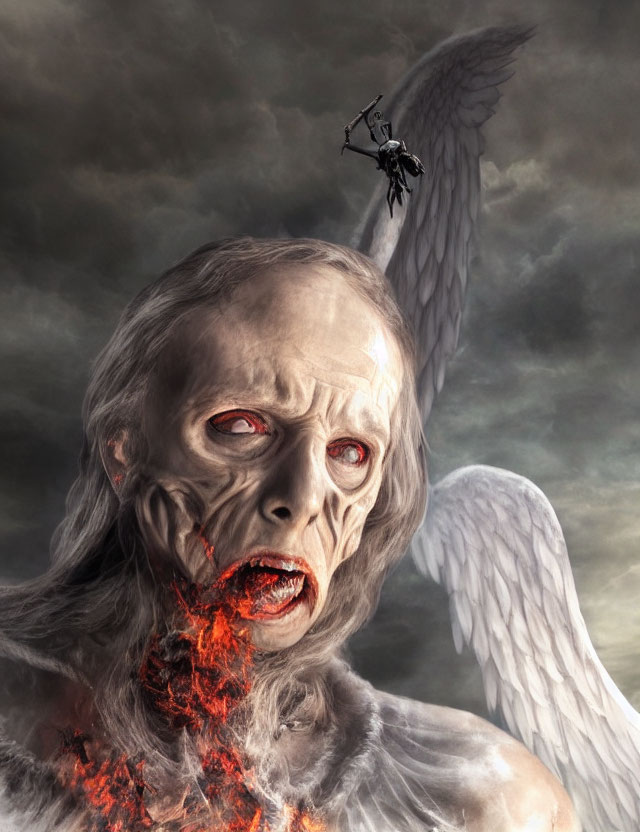 Surreal image of zombie-like figure with red eyes and angelic figure in gray clouds