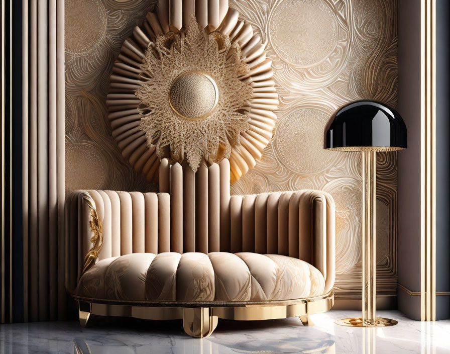 Luxurious gold-toned living room with beige sofa and circular wall art.