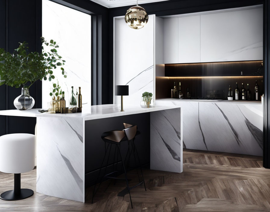 Contemporary kitchen with black walls, marble countertops, gold accents, and wooden flooring, including bar area