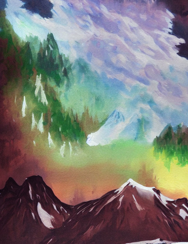 Scenic painting of snow-capped mountains under swirling sky with green and orange hues.