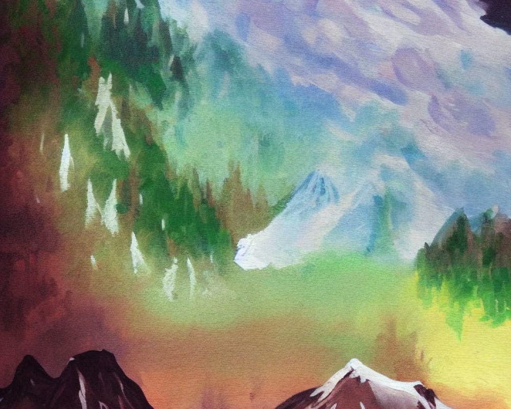 Scenic painting of snow-capped mountains under swirling sky with green and orange hues.