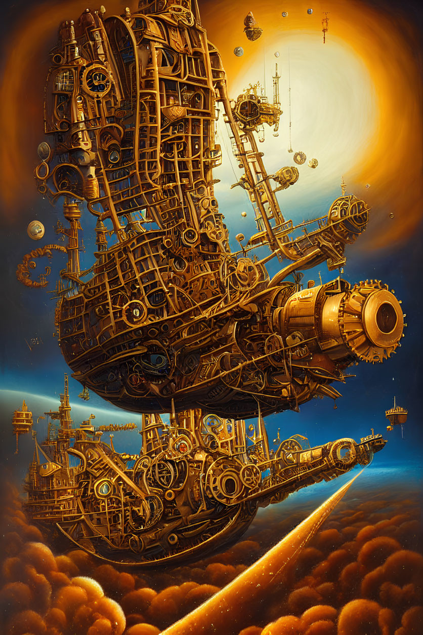 Steampunk airship with intricate gears soaring in golden sky