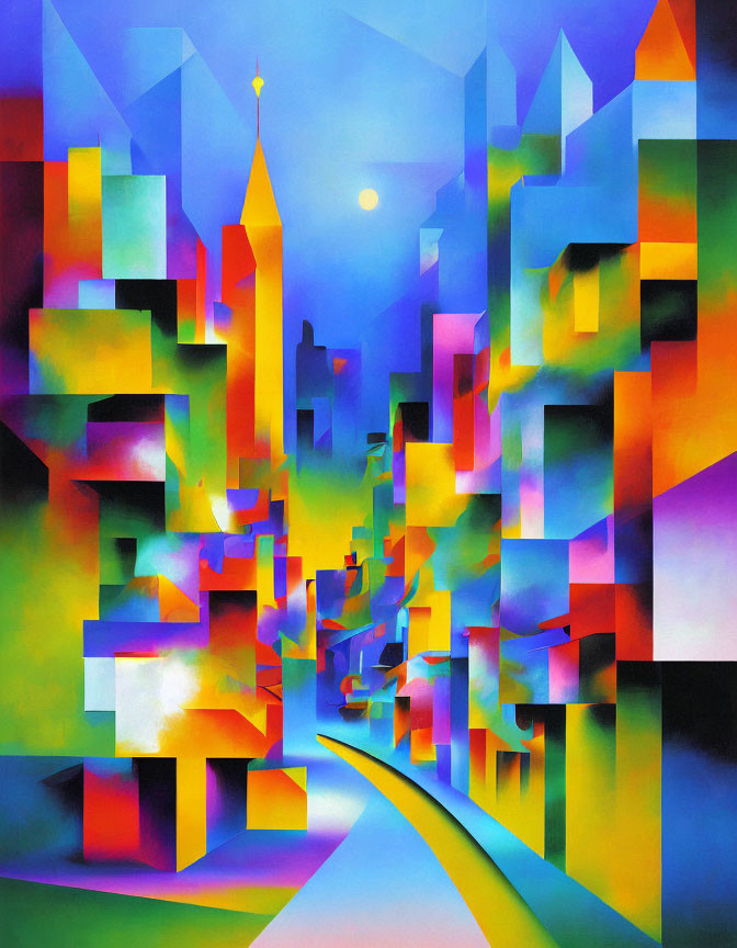 Colorful Cubist-Style Abstract Cityscape with Geometric Buildings