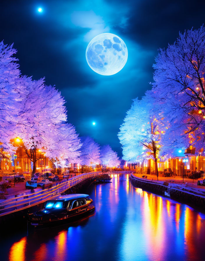 Moonlit canal with illuminated trees, bridge, and boat at night