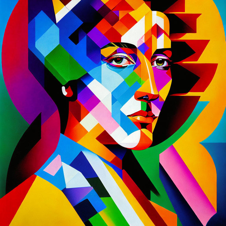 Vibrant abstract geometric portrait against colorful background