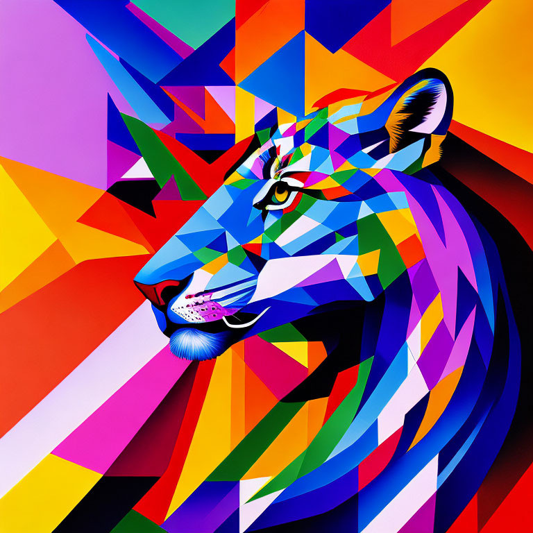 Colorful Geometric Lion Head Illustration with Multicolored Triangles