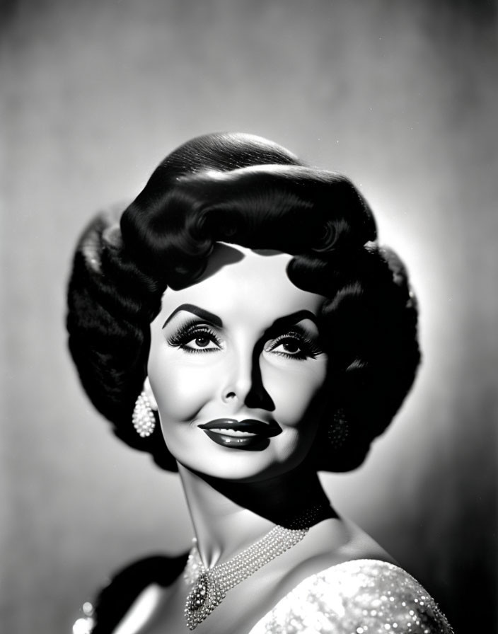 Classic Vintage Black and White Portrait of Woman with Glamorous Makeup and Elegant Jewelry