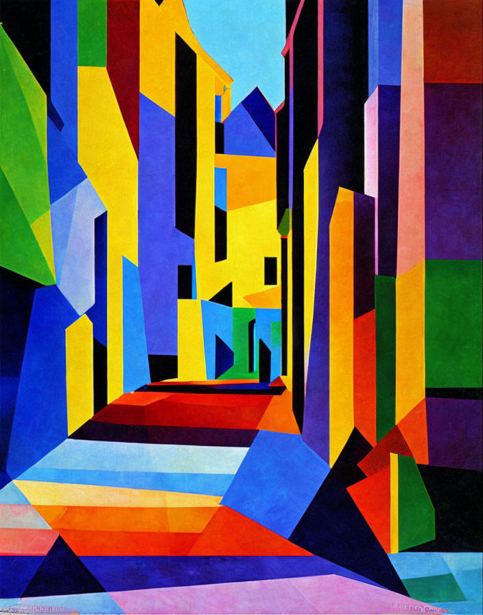 Colorful Cubist-Style Cityscape Painting with Geometric Buildings