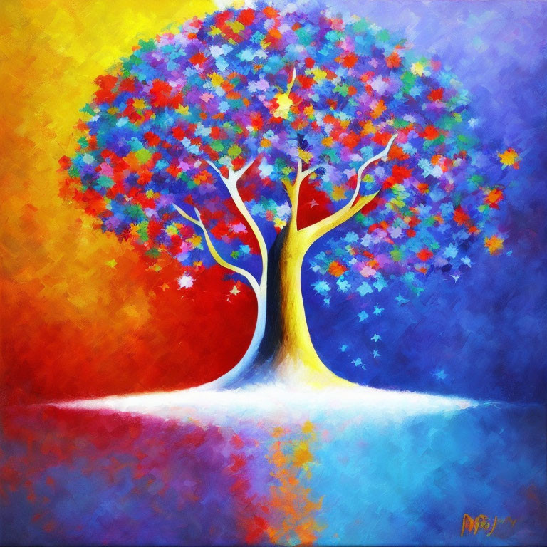 Colorful Tree Painting on Blue and Red Gradient Background with Star Pattern