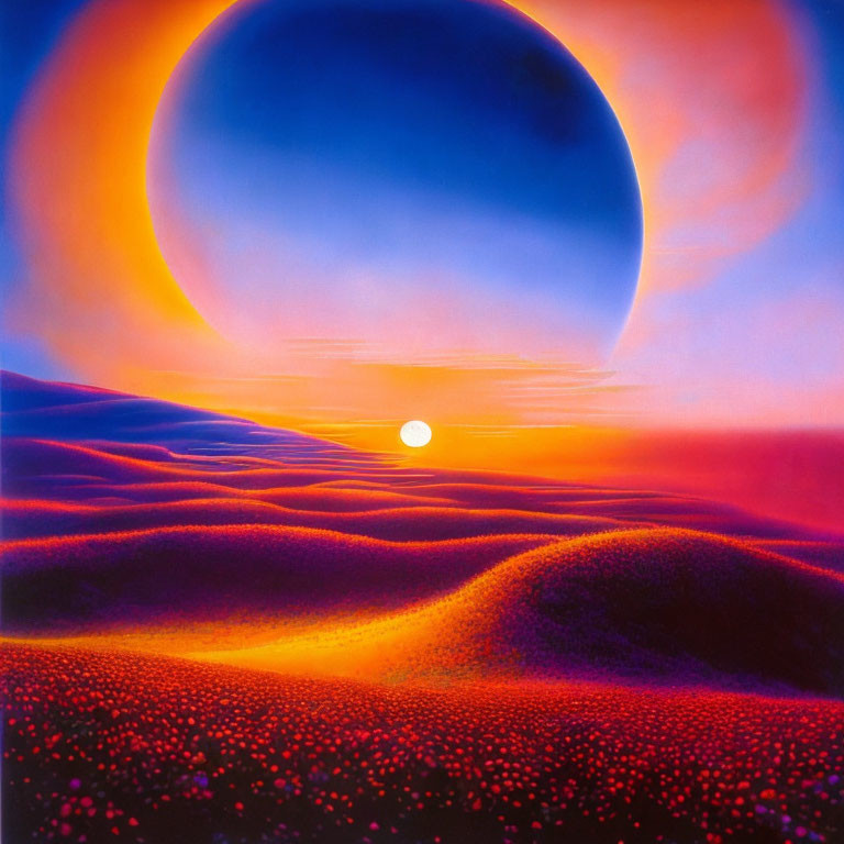 Surreal landscape with large moon over rolling dunes under gradient sky