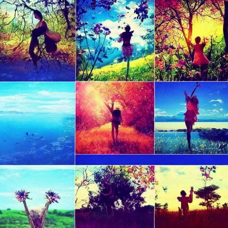 Collage of Nine Vivid Nature-Themed Pose Images