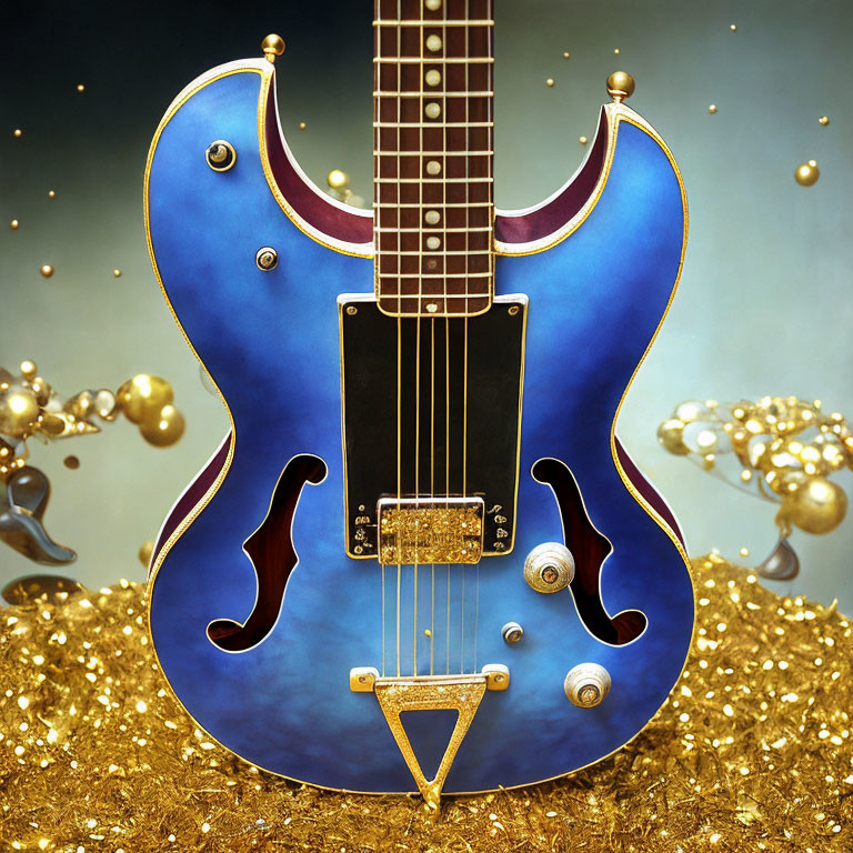Surreal blue electric guitar with gold details and floating orbs