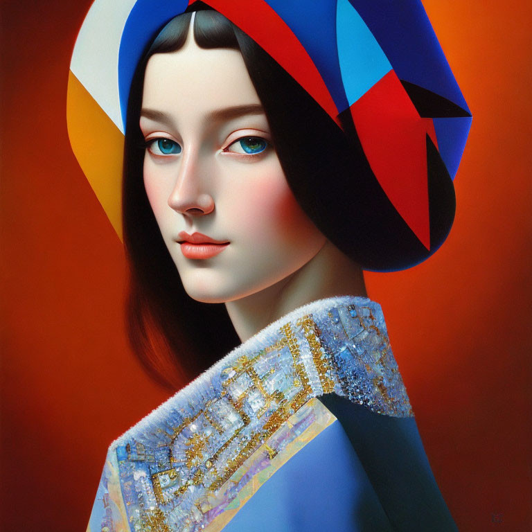 Portrait of Woman with Porcelain Complexion in Multicolored Hat and Blue Ornate Collar