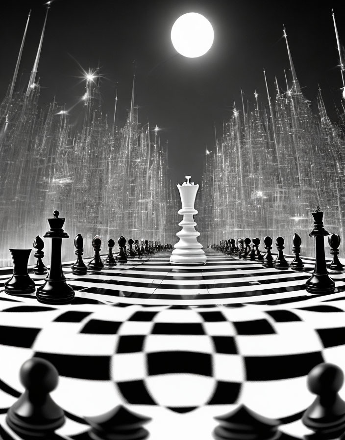 Chessboard with White Queen and Various Pieces on Abstract Background