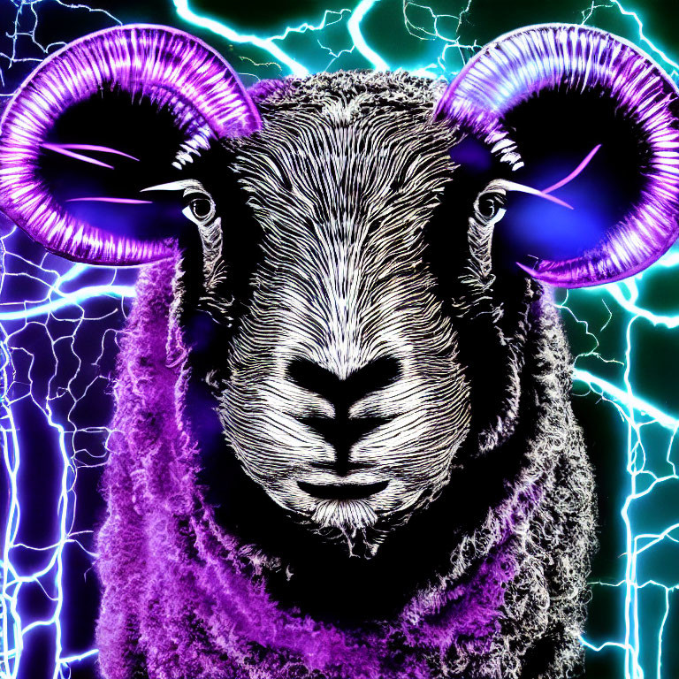 Stylized ram illustration with spiraled horns on vibrant lightning bolt background