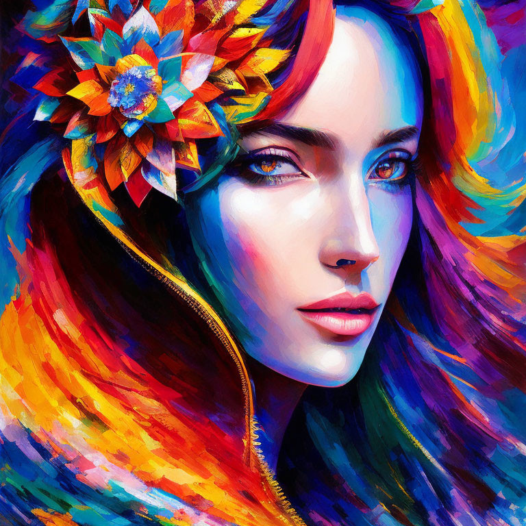 Multicolored hair woman portrait with floral accessory and blue eyes