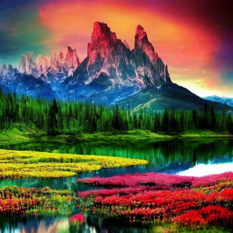 Colorful Sky Over Majestic Mountains and Reflective River in Lush Landscape