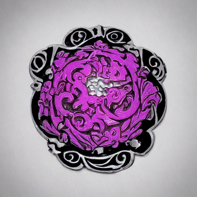 Circular magenta and black amulet with intricate swirling patterns