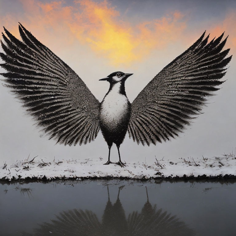 Majestic bird mural with outstretched wings against sunset backdrop