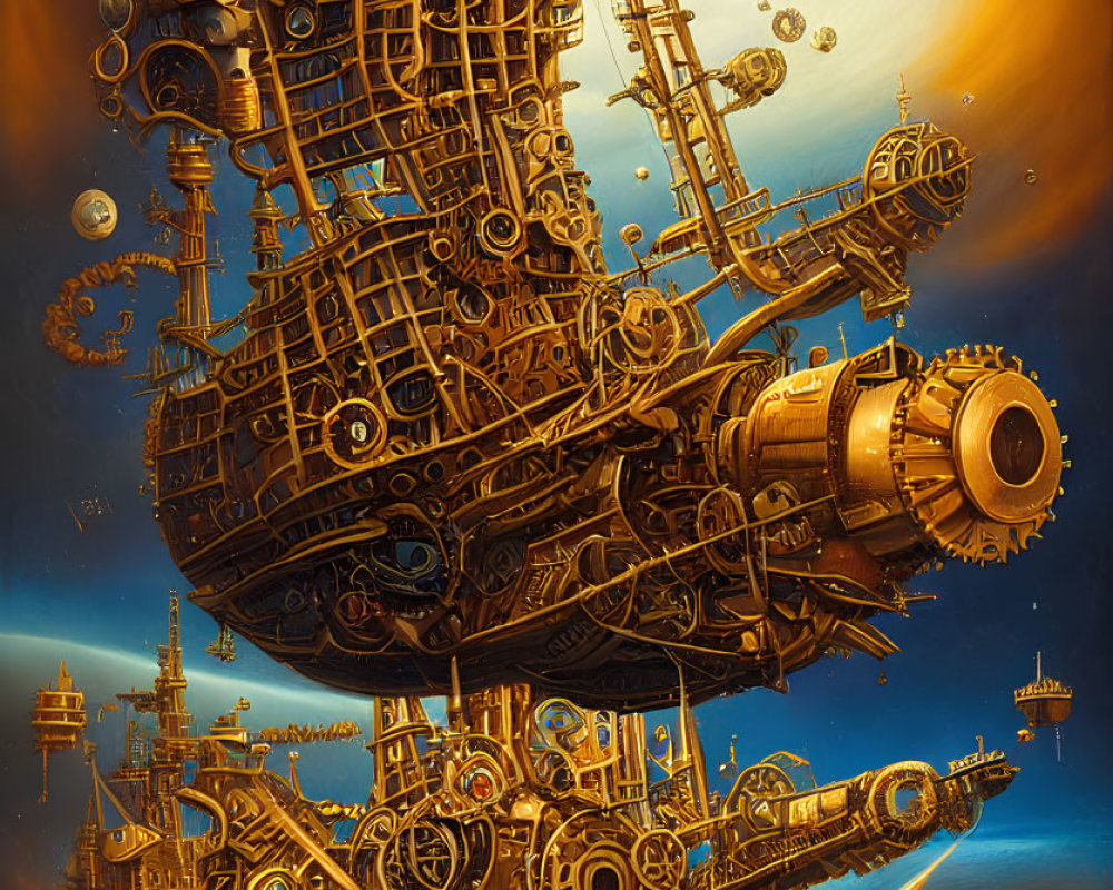 Steampunk airship with intricate gears soaring in golden sky