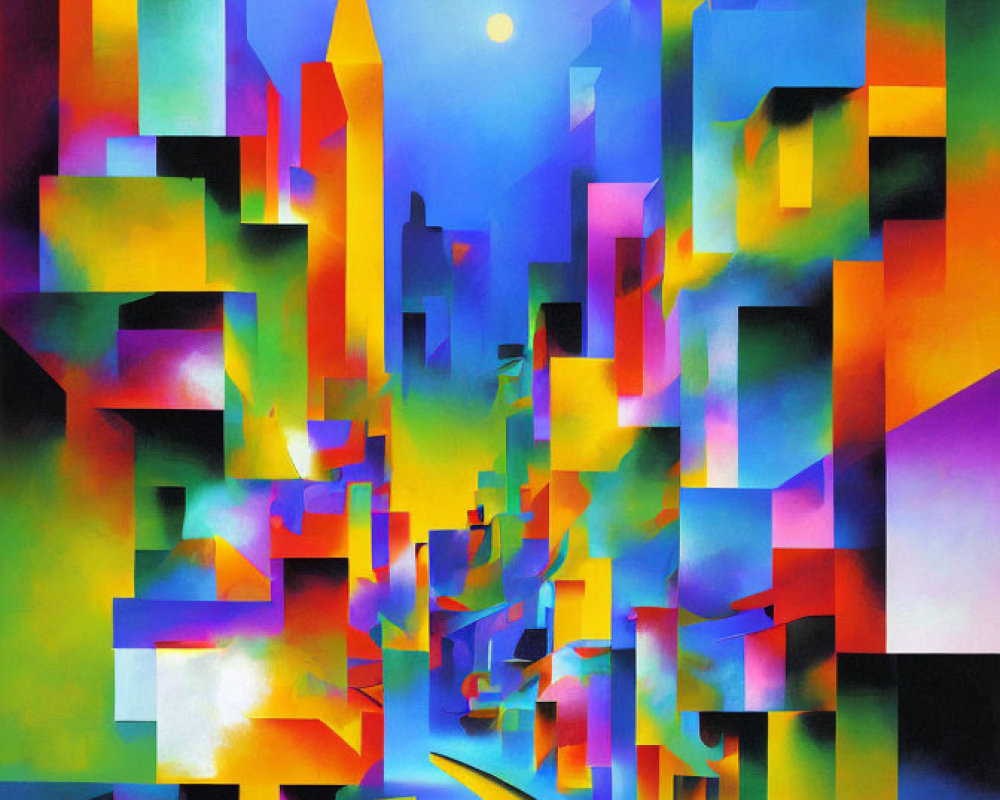 Colorful Cubist-Style Abstract Cityscape with Geometric Buildings