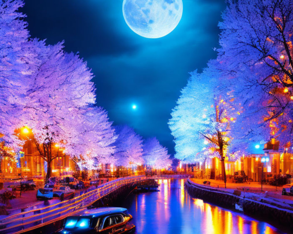 Moonlit canal with illuminated trees, bridge, and boat at night