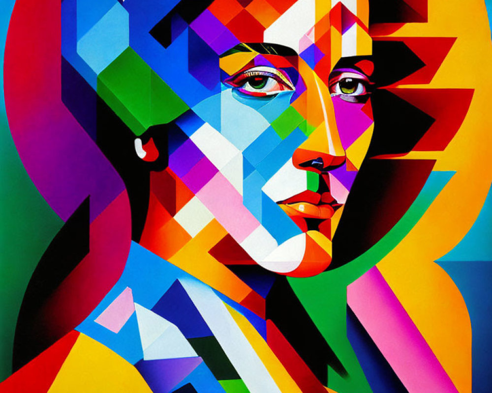 Vibrant abstract geometric portrait against colorful background