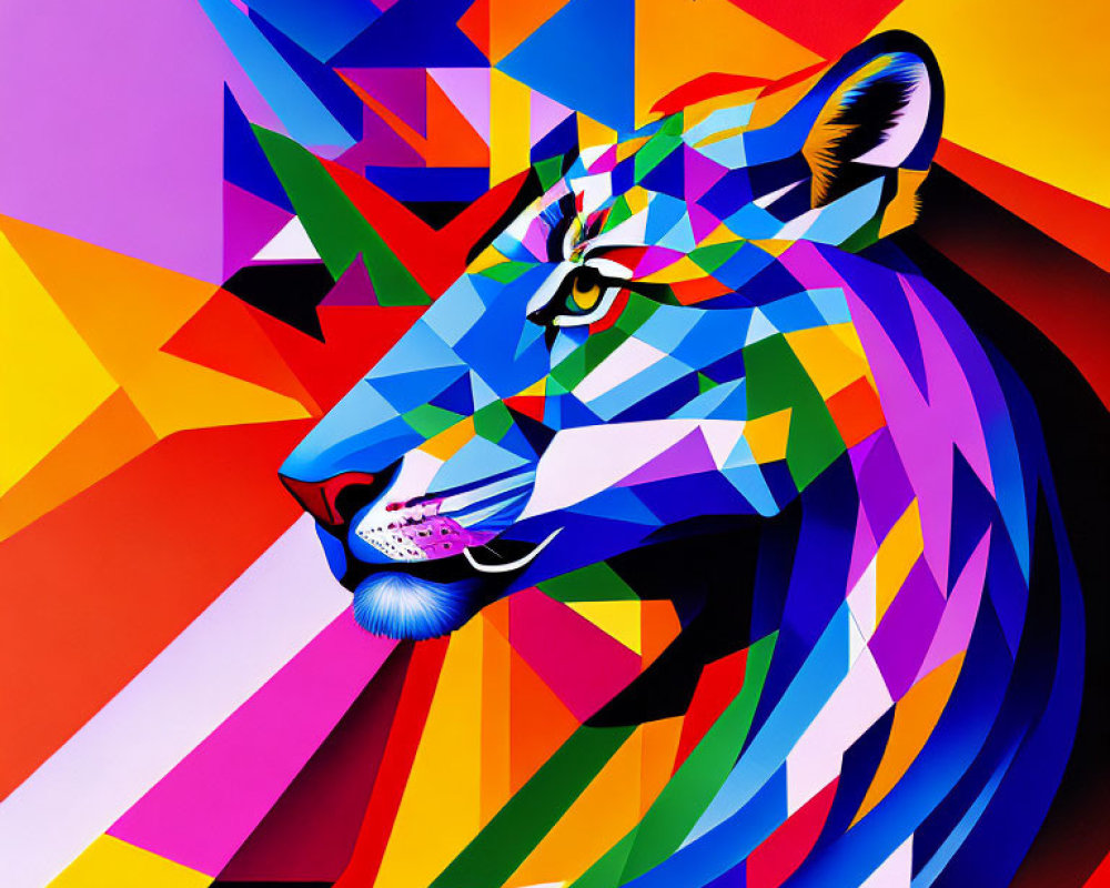 Colorful Geometric Lion Head Illustration with Multicolored Triangles