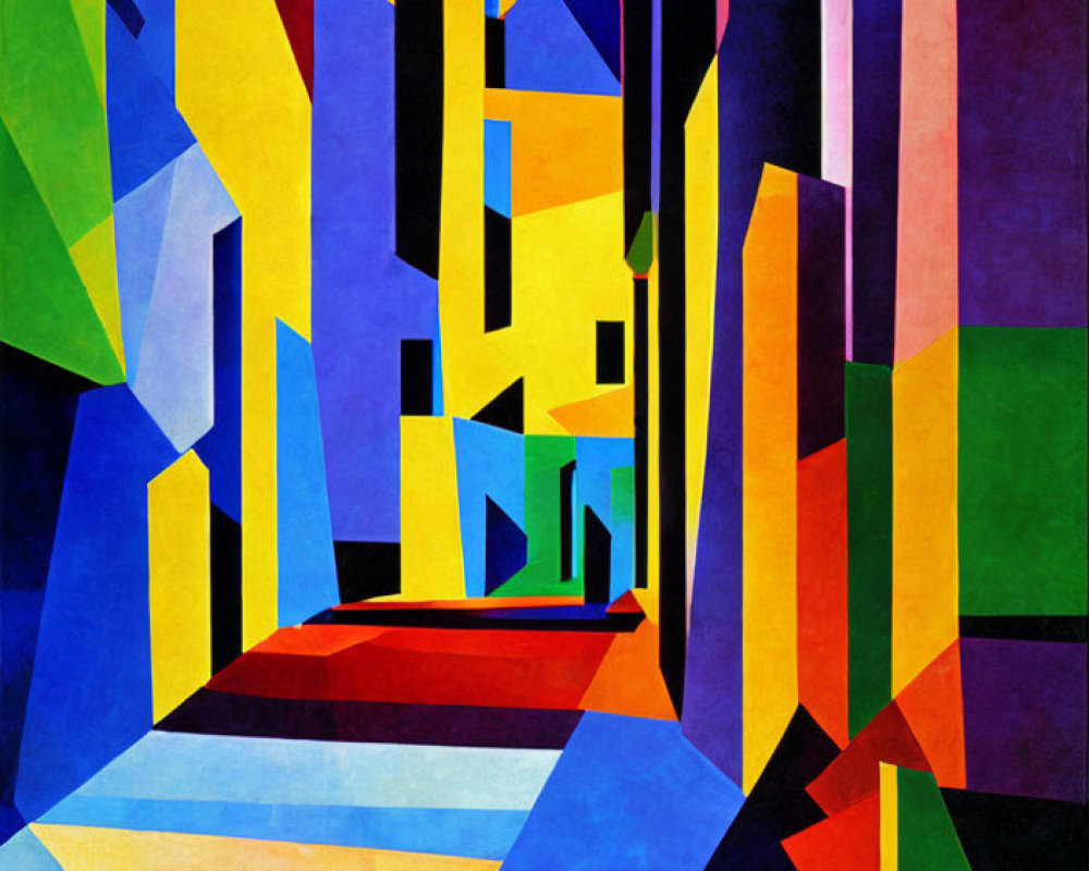 Colorful Cubist-Style Cityscape Painting with Geometric Buildings