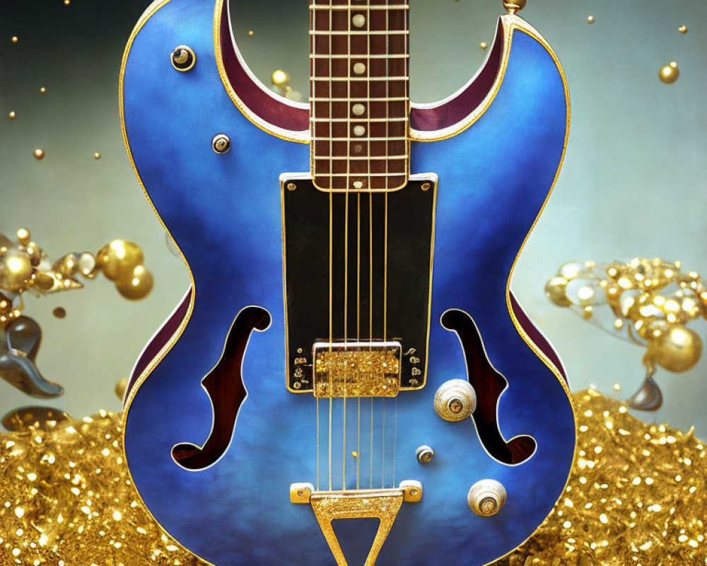 Surreal blue electric guitar with gold details and floating orbs