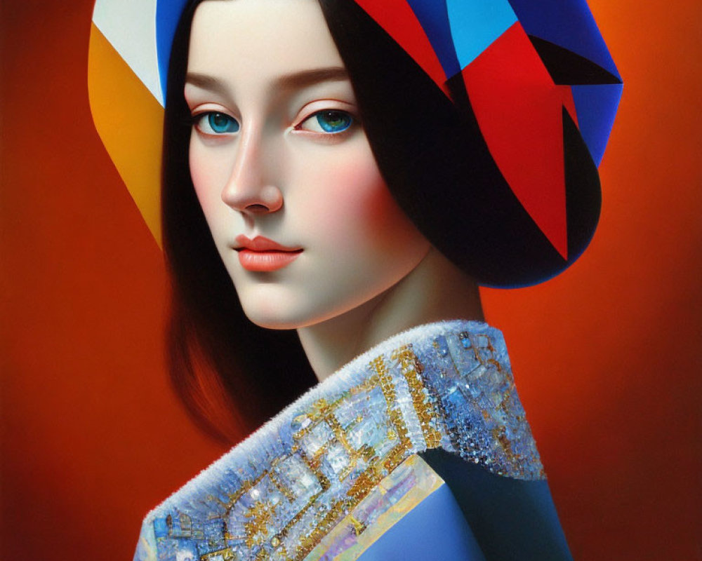 Portrait of Woman with Porcelain Complexion in Multicolored Hat and Blue Ornate Collar