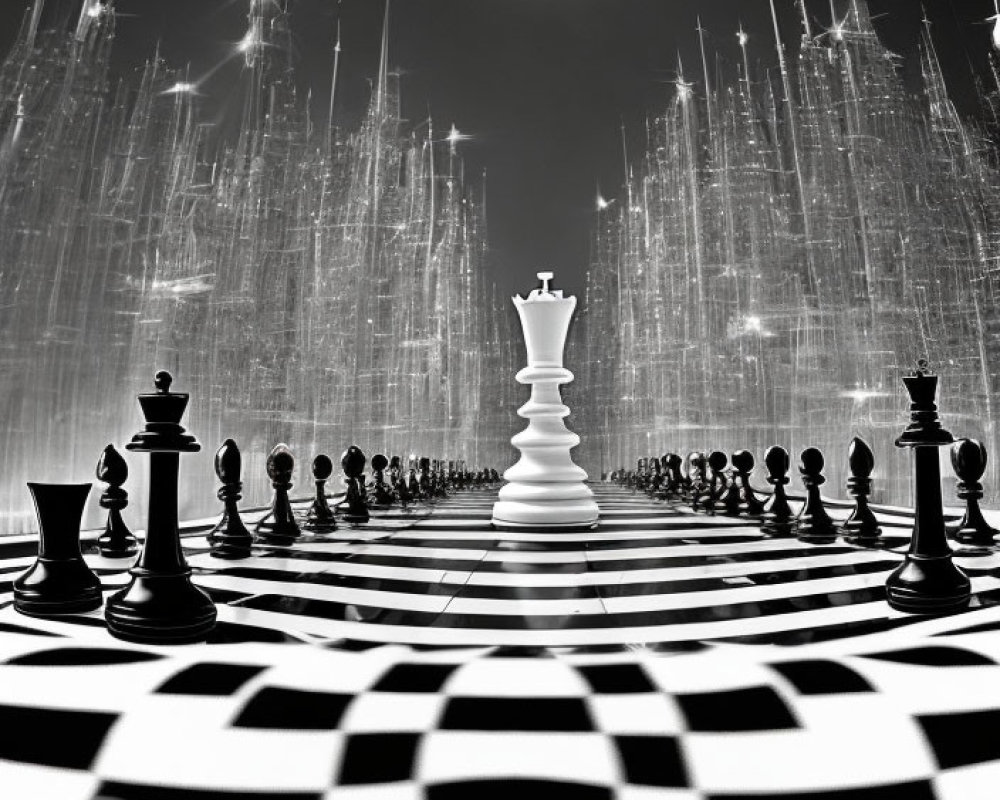 Chessboard with White Queen and Various Pieces on Abstract Background