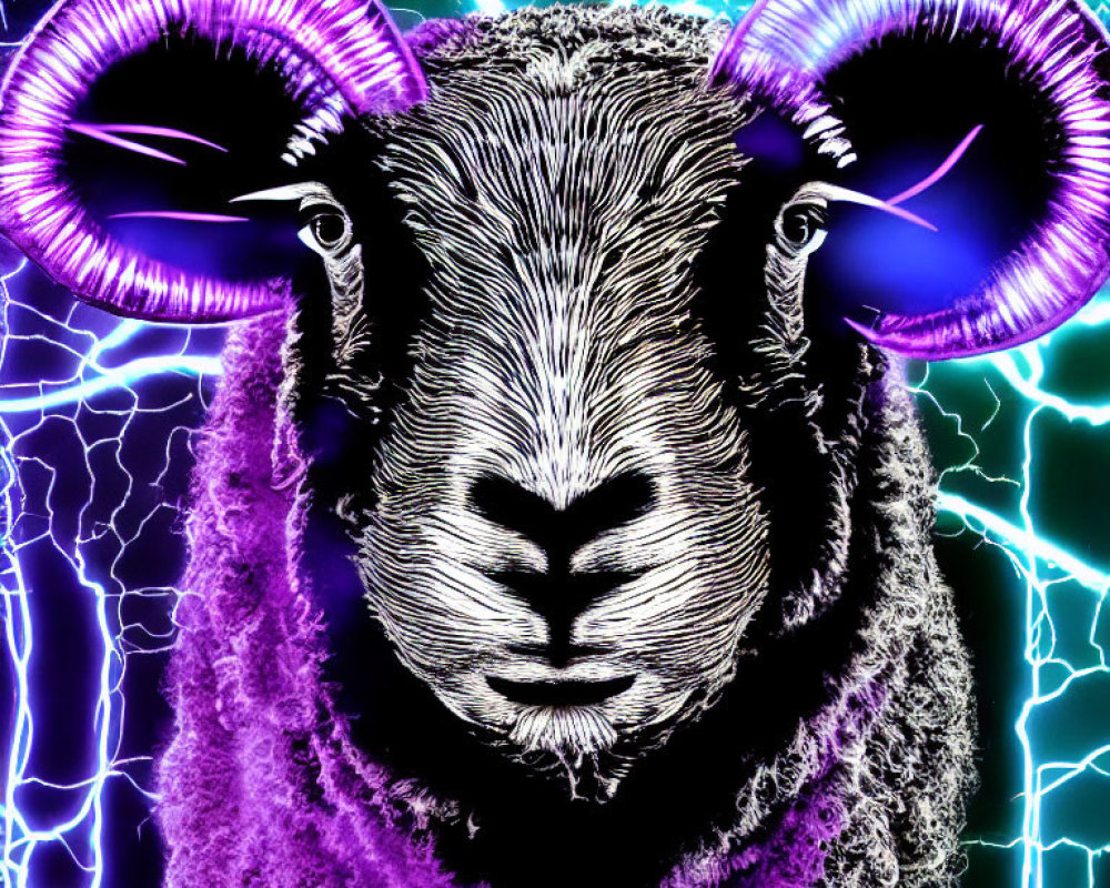 Stylized ram illustration with spiraled horns on vibrant lightning bolt background