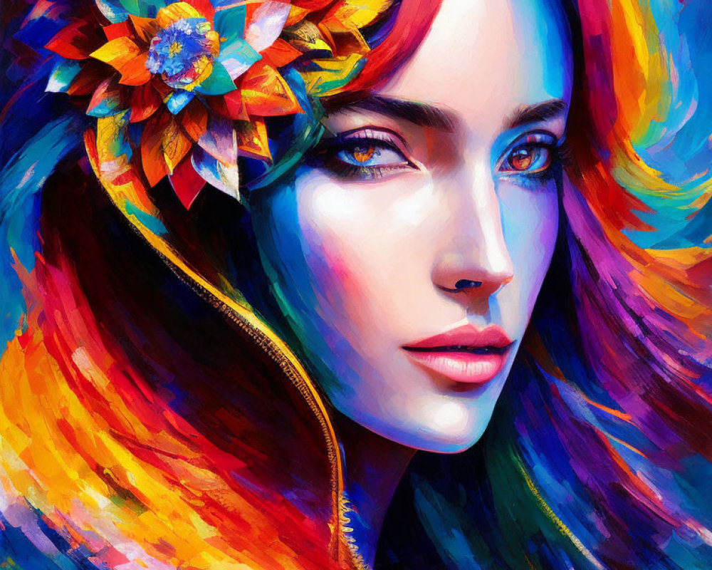 Multicolored hair woman portrait with floral accessory and blue eyes