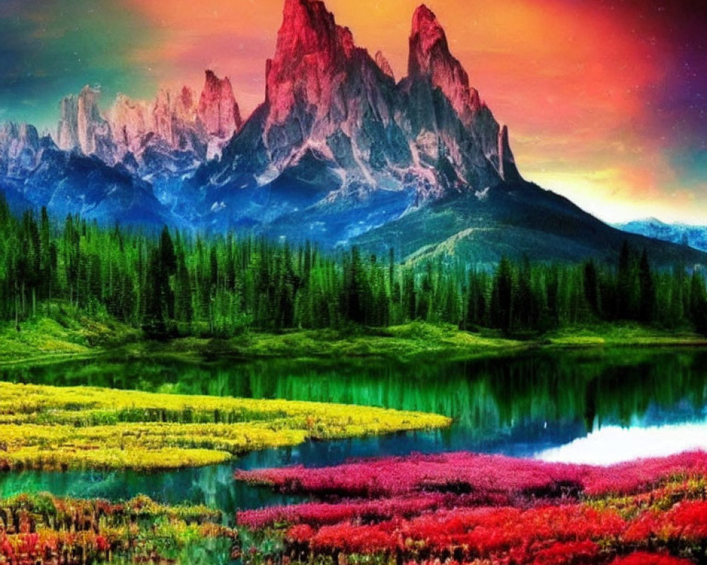 Colorful Sky Over Majestic Mountains and Reflective River in Lush Landscape