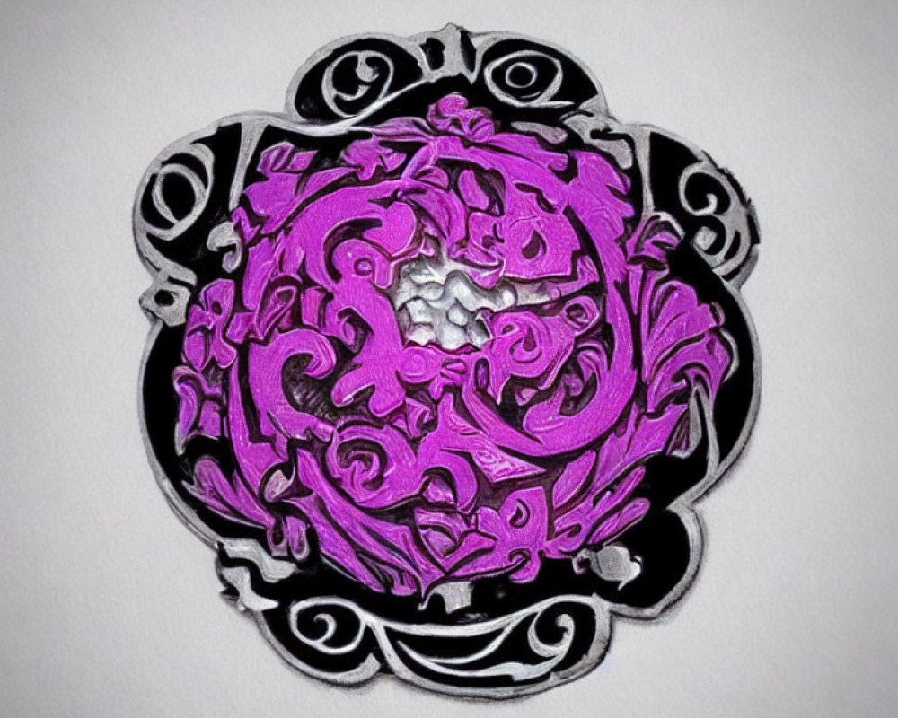 Circular magenta and black amulet with intricate swirling patterns